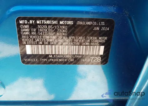 2024 Mitsubishi Mirage Es/Le from USA, damaged, VIN ML32AUHJ0RH017988